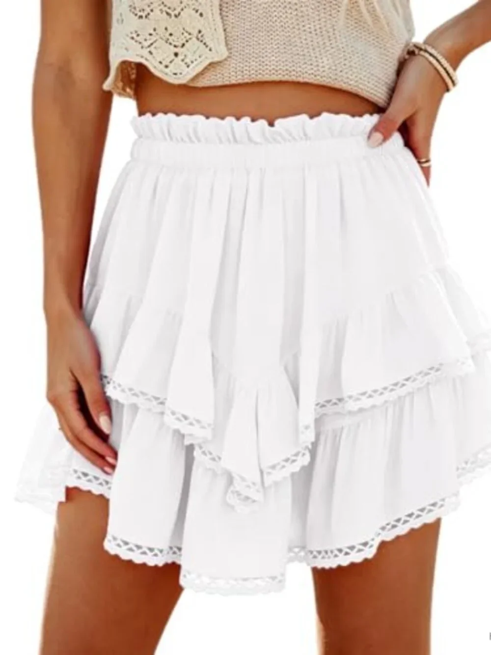 High Waist Ruffle Tiered Skort with Drawstring, Built-in Shorts Cotton